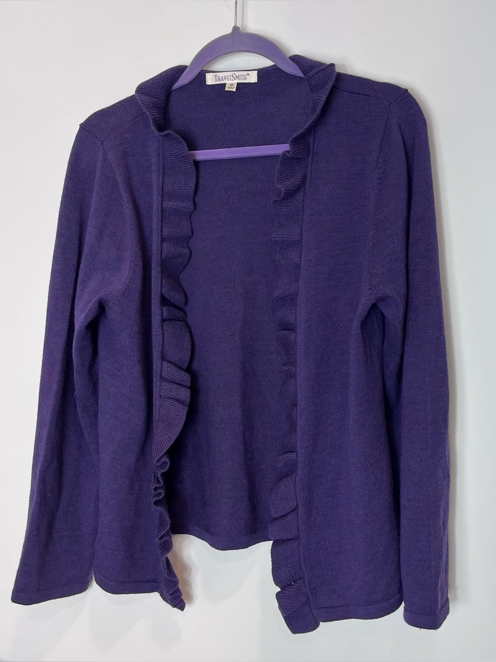 TravelSmith‎ Women's Purple Ruffled Open Front Cardigan Sweater Merino Wool M